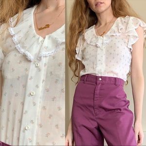Vintage 1970s Blouse / Ruffled Collar Flutter Sleeve 70s Top